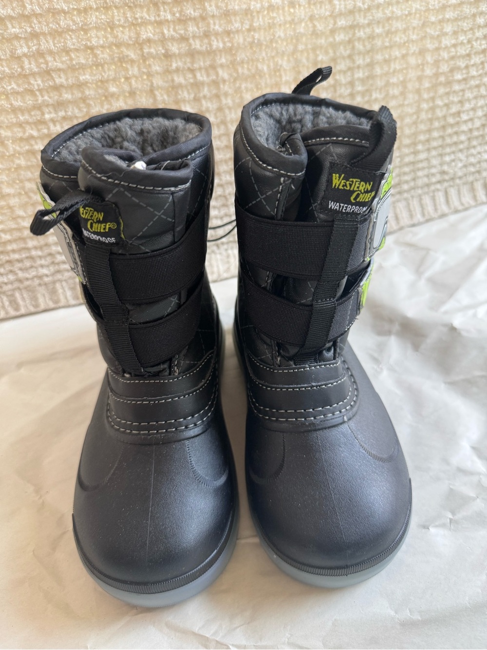 Western Chief Black and Lime Kids Waterproof Snow Boots